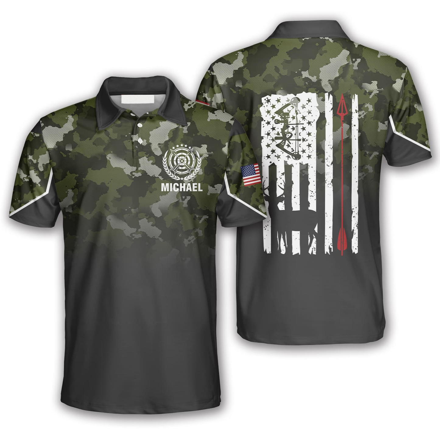 3D All Over Print Gradient Camo American Flag Custom Archery Polo Shirts for Men AO0063