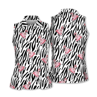 Seamless Flamingo Golf Zebra Background Women Sleeveless Polo Shirt, Short Sleeve Polo Shirt H0059