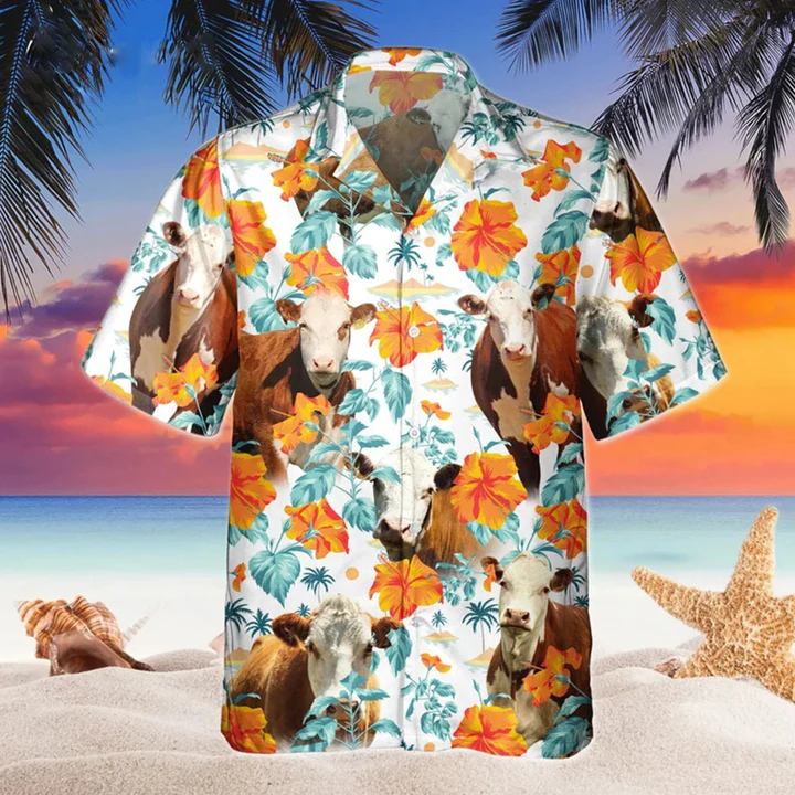 Hereford Bright Hibiscus Flowers Hawaiian Shirt, Cow Hawaii shirts men, Flowers Aloha Shirt For cow Lovers HO2223