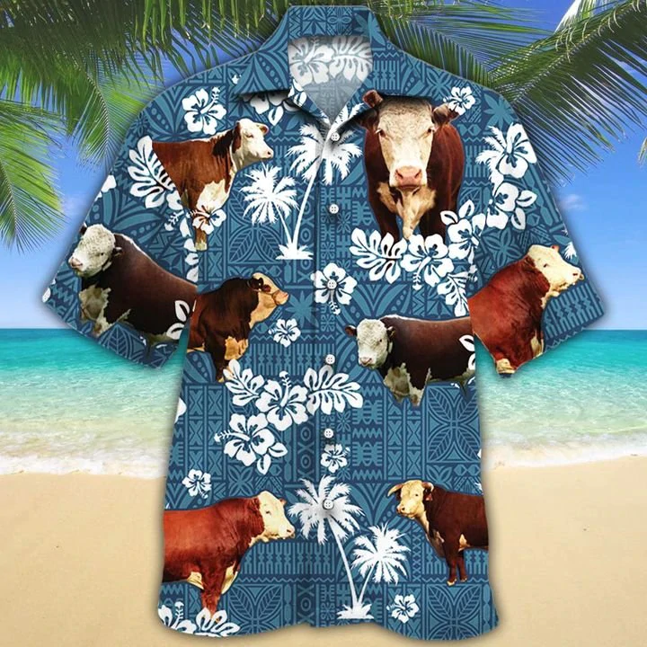 Hereford Cattle Lovers Blue Tribal Hawaiian Shirt, Cow Hawaiian shirts for men, Women HO2654