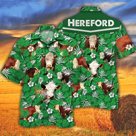 Cow Hawaiian Shirts for Men women - Hereford Cattle Lovers Green Floral Pattern Hawaiian Shirt HO2543