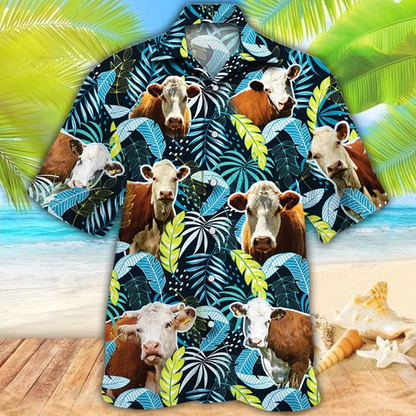 Hereford Cattle Lovers Jungle Leaves Hawaiian Shirt, Cow Flower aloha shirt, Hawaiian shirt Men, Women HO0219