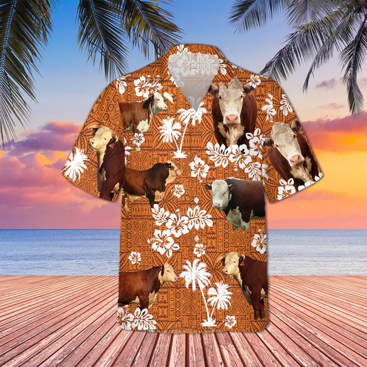 Hereford Cattle Red Tribal Hawaiian Shirt, Animal Cow Short Sleeve Hawaiian Aloha Shirt for Men, Women HO2511