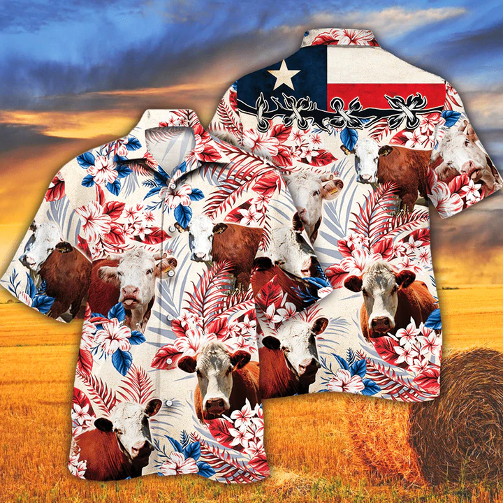 Hereford Cattle Lovers Texas Flag Hawaiian Shirt, Cow Flower aloha shirt, Hawaiian shirt Men, Women HO2609