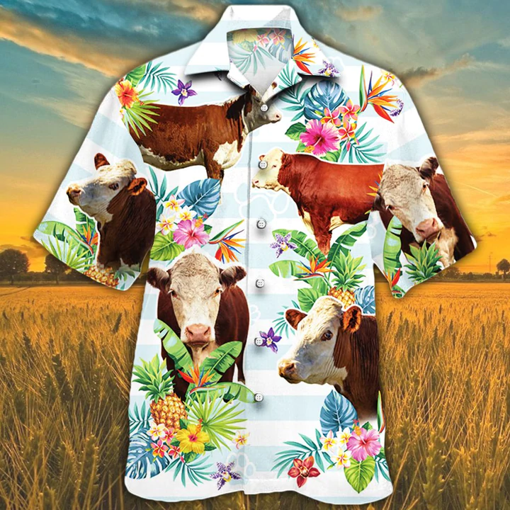 Hereford Cattle Hawaiian shirts for men, women, Cow Lovers Tropical Flower Hawaiian Shirt HO2555