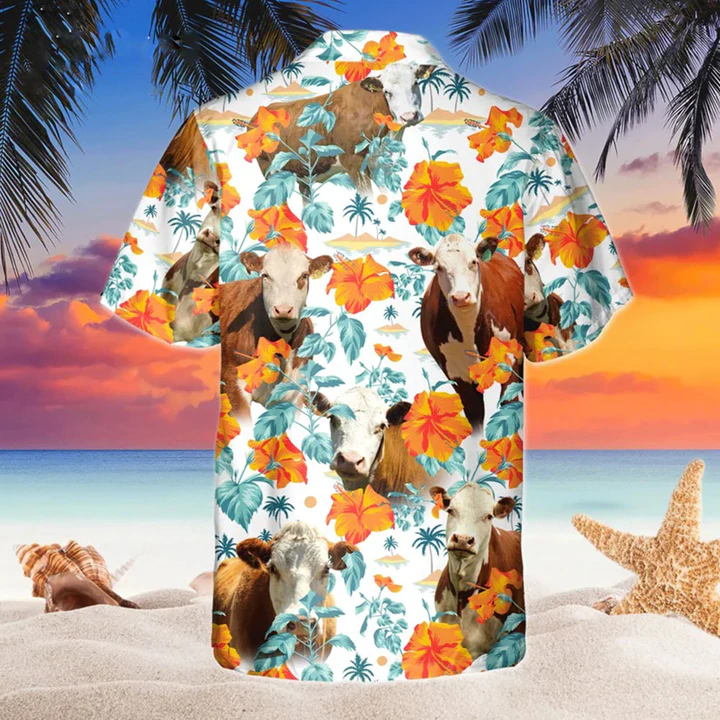 Hereford Bright Hibiscus Flowers Hawaiian Shirt, Cow Hawaii shirts men, Flowers Aloha Shirt For cow Lovers HO2223