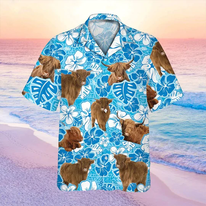 Highland cow Blue Floral Hawaiian Shirt, Cow Hawaii Shirt, Cow Lovers Shirt For Men HO2218