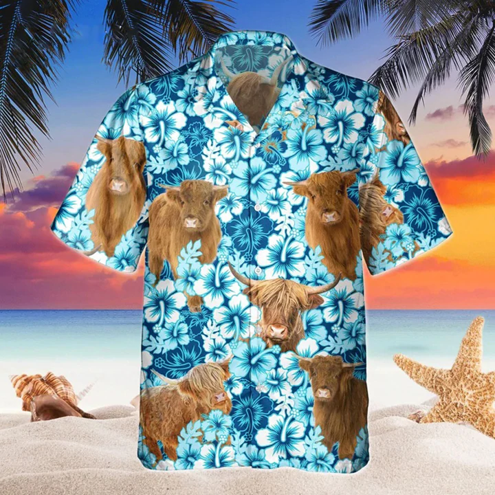 Highland Blue Hibiscus Flowers Hawaiian Shirt, Cow Hawaii Shirt, Cow Lovers Shirt For Men HO2217