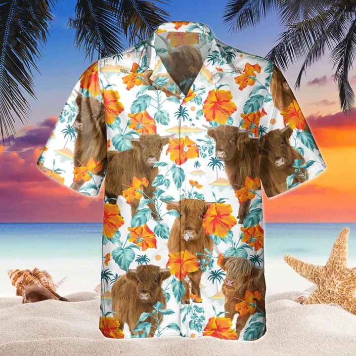 Highland Bright Hibiscus Flowers Hawaiian Shirt, Cow Hawaii shirts men, Flowers Aloha Shirt For cow Lovers HO2224