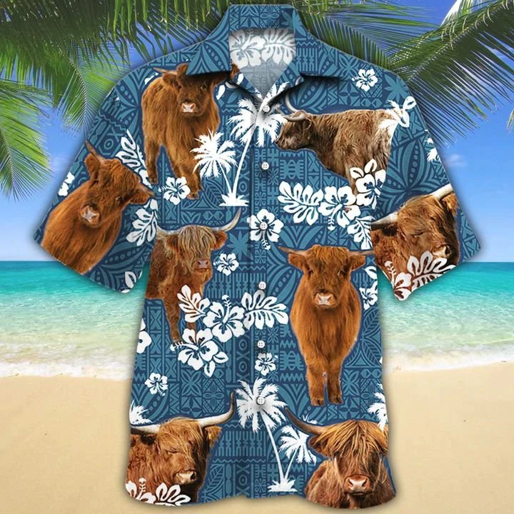 Highland Cattle Lovers Blue Tribal Hawaiian Shirt HO0176