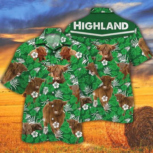 Cow Hawaiian shirts for men, women - Highland Cattle Lovers Green Floral Pattern Hawaiian Shirt HO2548