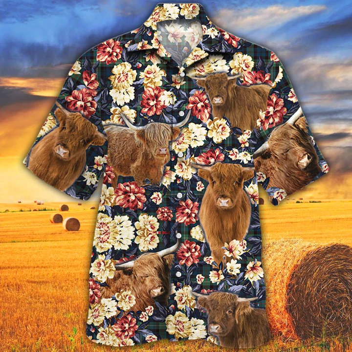 Cow Hawaiian shirts for Men women, Summer Hawaiian shirt, Animal shirt, Highland Cattle Lovers Green Plaid Pattern Hawaiian Shirt HO2537