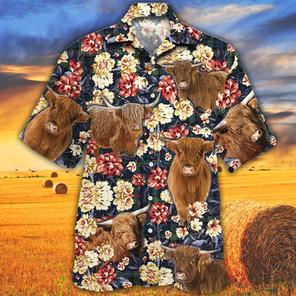 Cow Hawaiian shirts for Men women, Summer Hawaiian shirt, Animal shirt, Highland Cattle Lovers Green Plaid Pattern Hawaiian Shirt HO2537