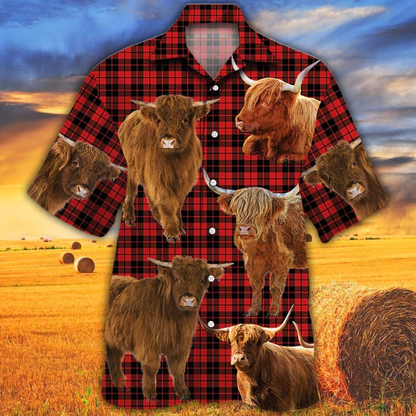 Highland Cattle Lovers Red Tartan Pattern Hawaiian Shirt- Cow Aloha Shirt, Gift For Cow Lovers HO2595