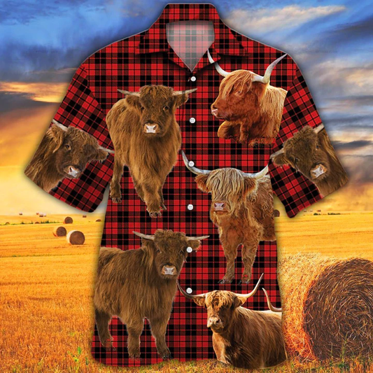 Highland Cattle Lovers Red Tartan Pattern Hawaiian Shirt- Cow Aloha Shirt, Gift For Cow Lovers HO2595