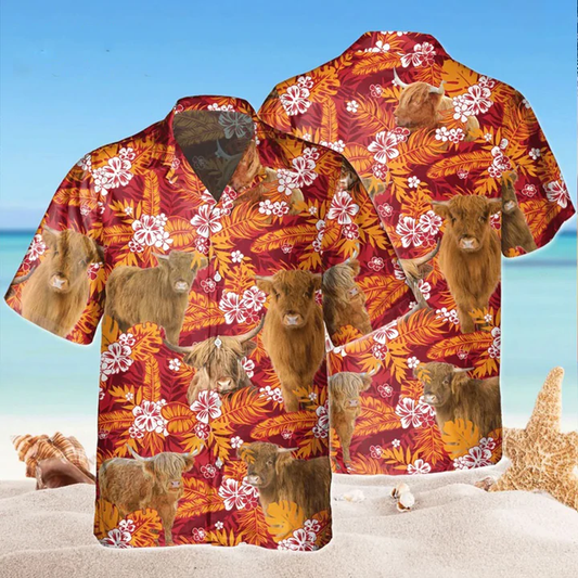 Highland Red Orange Floral Hawaiian Shirt, Flowers Aloha Shirt For cow Lovers HO2221