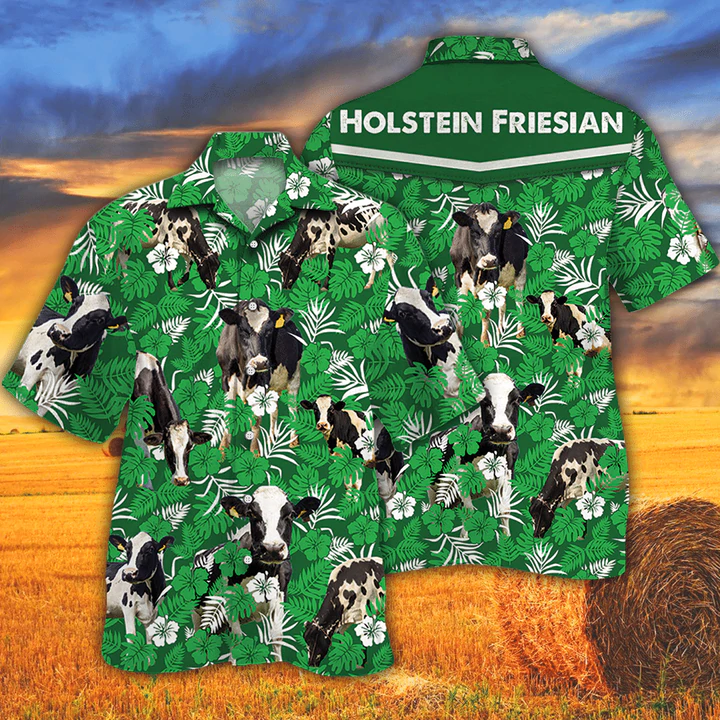 Cow Lovers Farm Cattle Mens Hawaiian Shirt - Holstein Friesian Cattle Lovers Green Floral Pattern Hawaiian Shirt HO2545