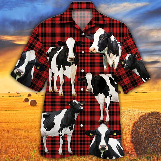 Holstein Friesian Cattle Lovers Red Tartan Pattern Hawaiian Shirt- Animal hawaiian shirt, Cow Aloha Shirt, Gift For Cow Lovers HO2594