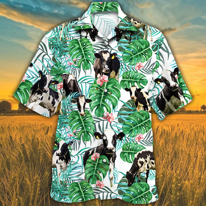 Cow Hawaiian shirts for men, women, Holstein Friesian Cattle Lovers Tropical Plant Hawaiian Shirt HO2563