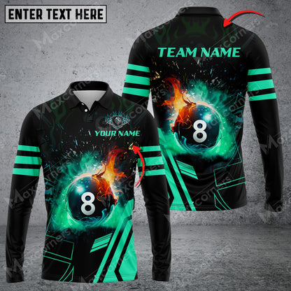 Lasfour Billiard 8 Ball Flame Multicolor Option Customized Name Long Sleeve Polo Shirt BIA0393