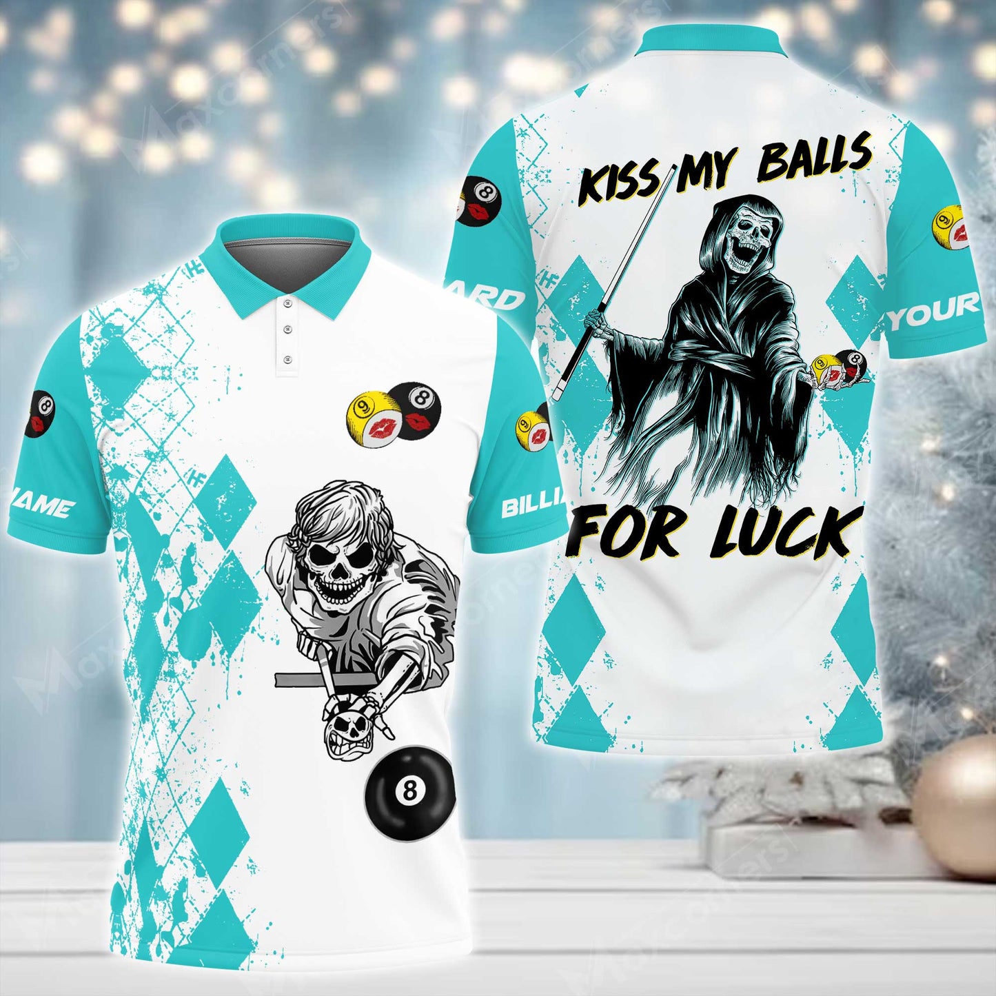 Lasfour Argyle Pattern Billiards Kiss My Balls For Luck Death 3D Shirt (Multi Color Options) BIA0270