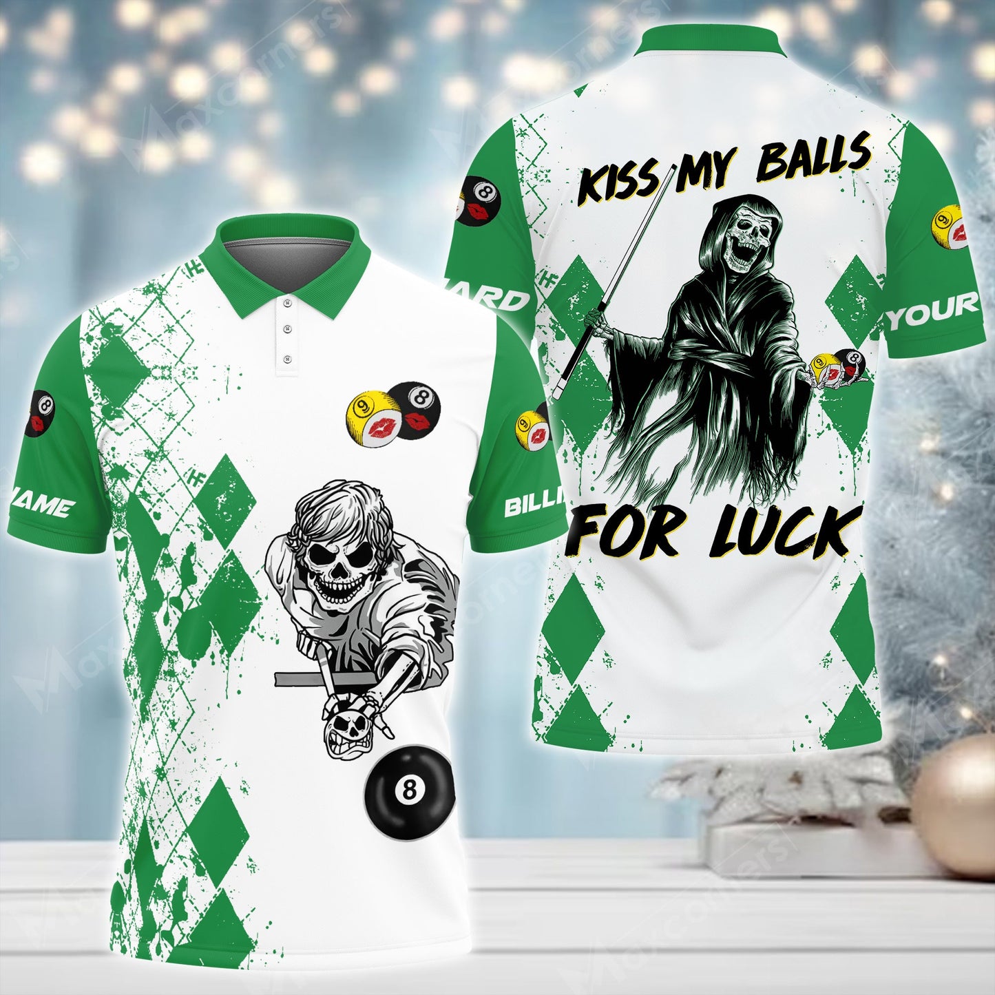 Lasfour Argyle Pattern Billiards Kiss My Balls For Luck Death 3D Shirt (Multi Color Options) BIA0270