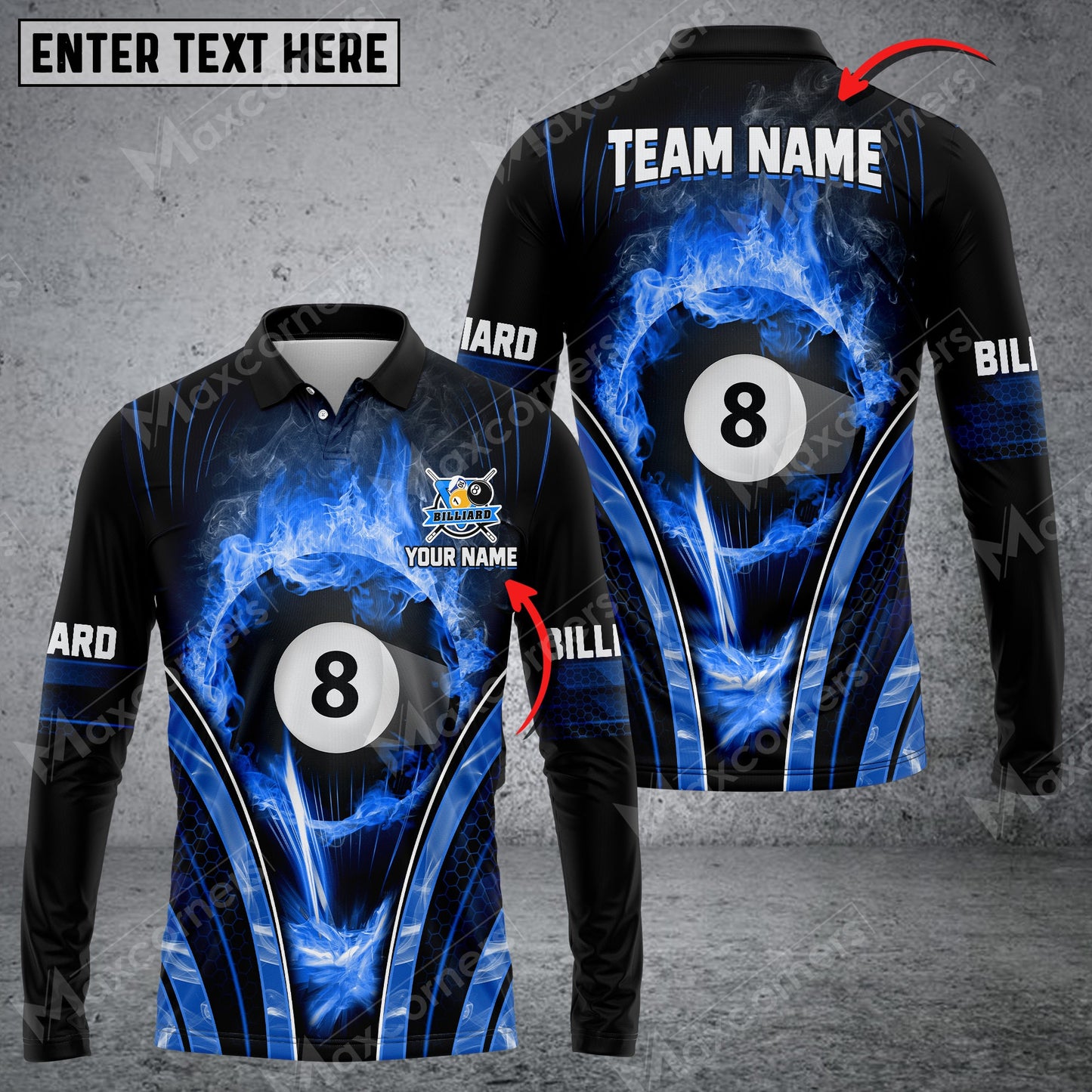 Lasfour Billiards 8 Ball Fire Smoke Multicolor Option Customized Name Long Sleeve Polo Shirt BIA0146