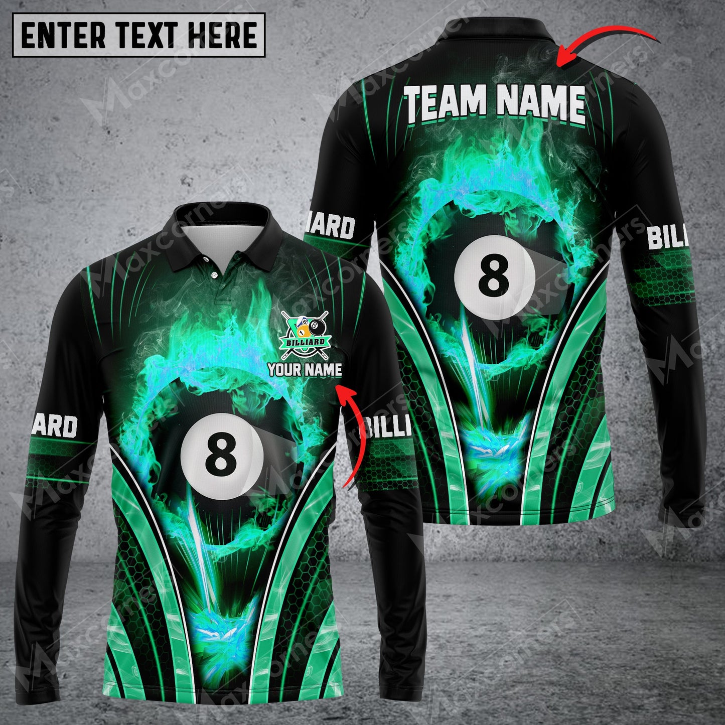 Lasfour Billiards 8 Ball Fire Smoke Multicolor Option Customized Name Long Sleeve Polo Shirt BIA0146