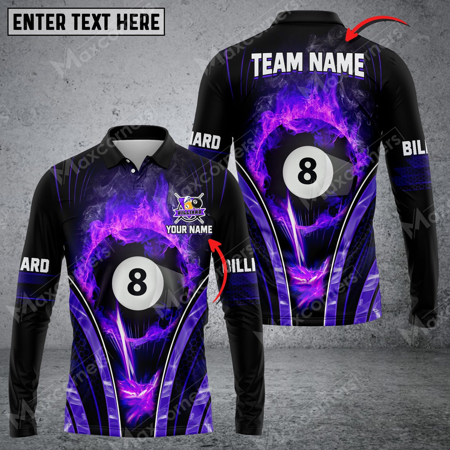 Lasfour Billiards 8 Ball Fire Smoke Multicolor Option Customized Name Long Sleeve Polo Shirt BIA0146