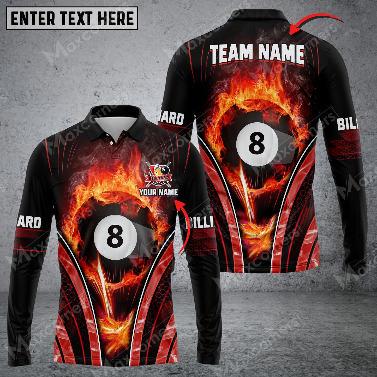 Lasfour Billiards 8 Ball Fire Smoke Multicolor Option Customized Name Long Sleeve Polo Shirt BIA0146