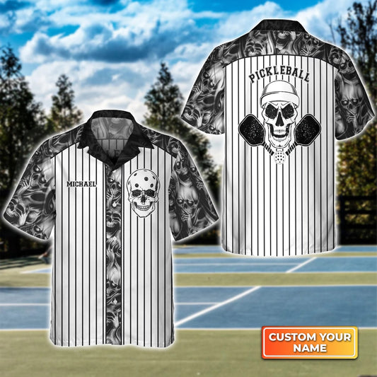 Skull Vertical Stripes Personalized Name 3D Hawaiian Shirt Gift For Pickleball Player HO3744