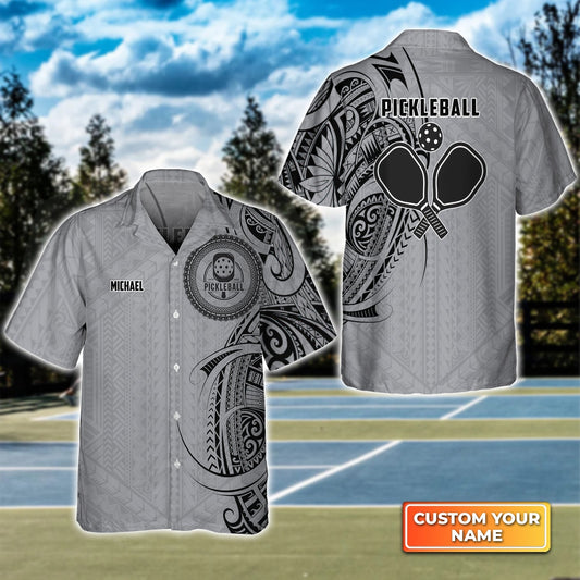 Strike Grey Tribal Tattoo Personalized Name 3D Hawaiian Shirt Gift For Pickleball Player HO3745