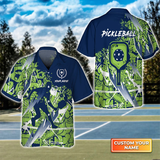 Pickleball - Scritch Man Green Blue Pattern Personalized Name 3D Hawaiian Shirt Gift For Pickleball Player HO3742