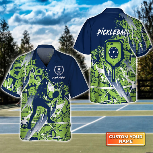 Pickleball - Scritch Woman Green Blue Pattern Personalized Name 3D Hawaiian Shirt Gift For Pickleball Player HO3743