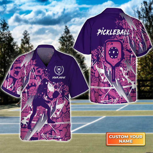 Pickleball Scritch Purple Pink Pattern Personalized Name 3D Hawaiian Shirt Gift For Pickleball Player HO3741