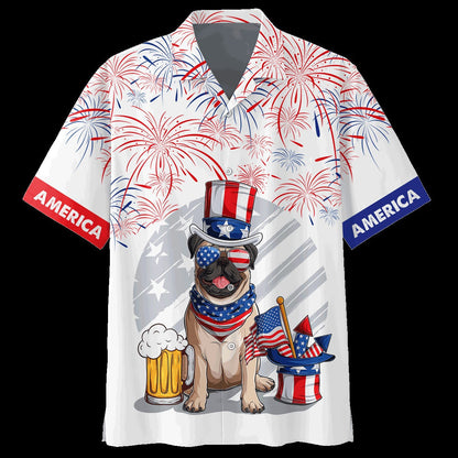 3D Full Print Independence's Day Hawaiian Shirt, Pug And Beer Hawaii Summer Beach Shirt, 4Th Of Jul Hawaii Dog Shirt HO4801