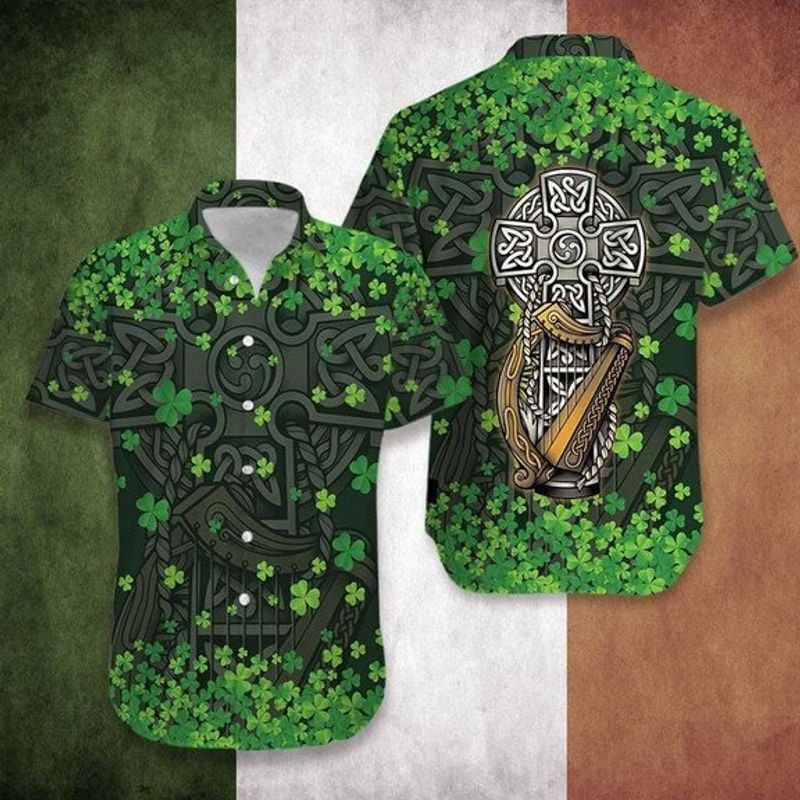 Hawaiian Aloha Shirts, Irish St Patrick's Day The Celtic Cross Harp, St Patrick's Day Hawaiian shirt PO0108