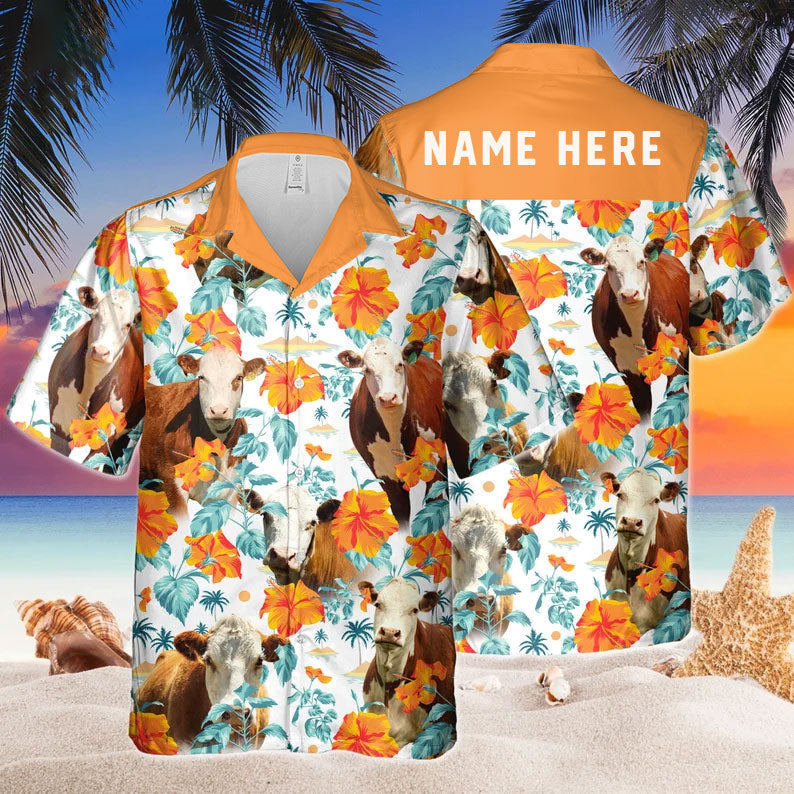 Custom Name Hereford Cow Hibiscus Flowers All 3D Printed Hawaiian Shirt HO5391