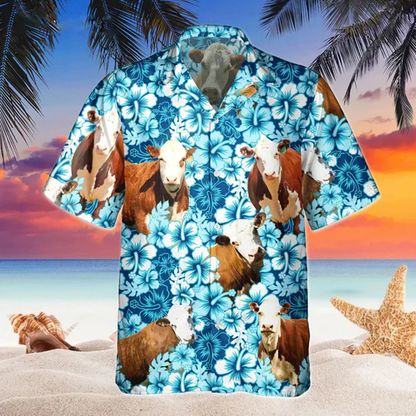 Hereford Floral Hawaiian Shirt, Beach Shirt For Farm Animal Lovers HO1435