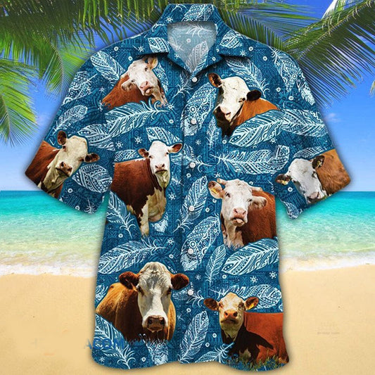 Hereford Cattle Lovers Blue Feather Hawaii Hawaiian Shirt HO2237