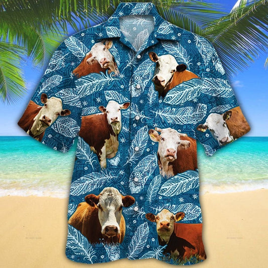 Hereford Cattle Lovers Blue Feather Hawaiian Shirt HO0600