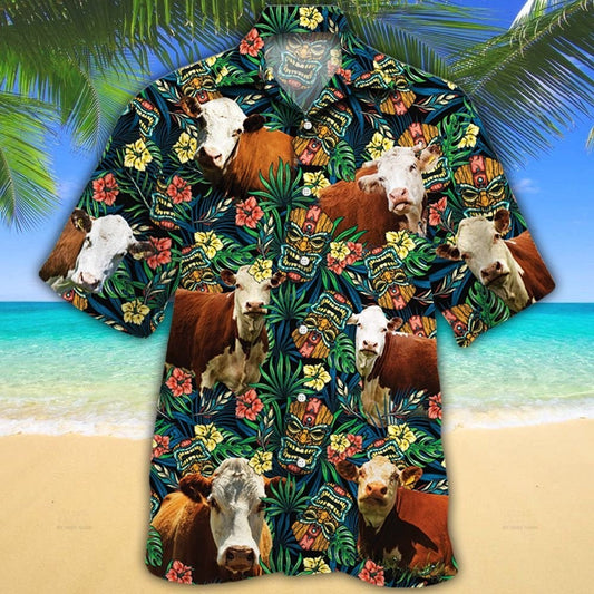 Hereford Cattle Lovers Tribal Tiki Mask Hawaiian Shirt HO0601