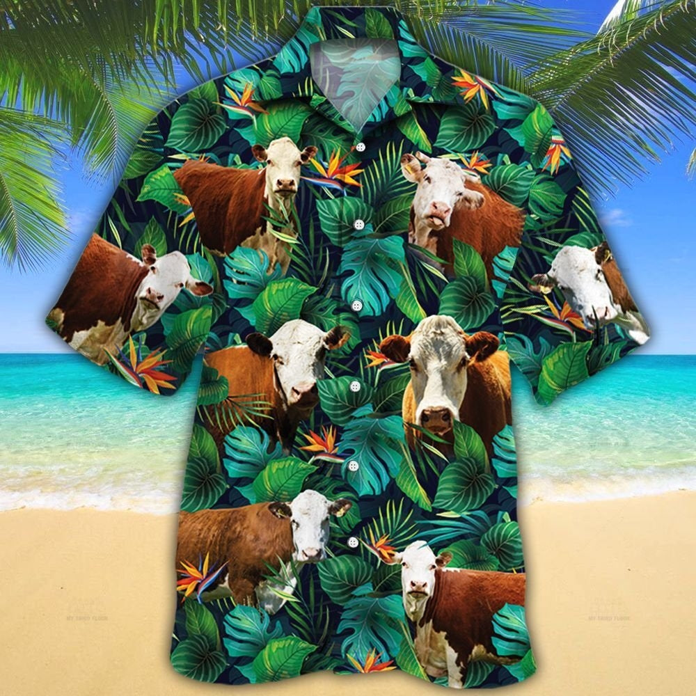 Hereford Cattle Lovers Tropical Leaves Hawaiian Shirt HO0158