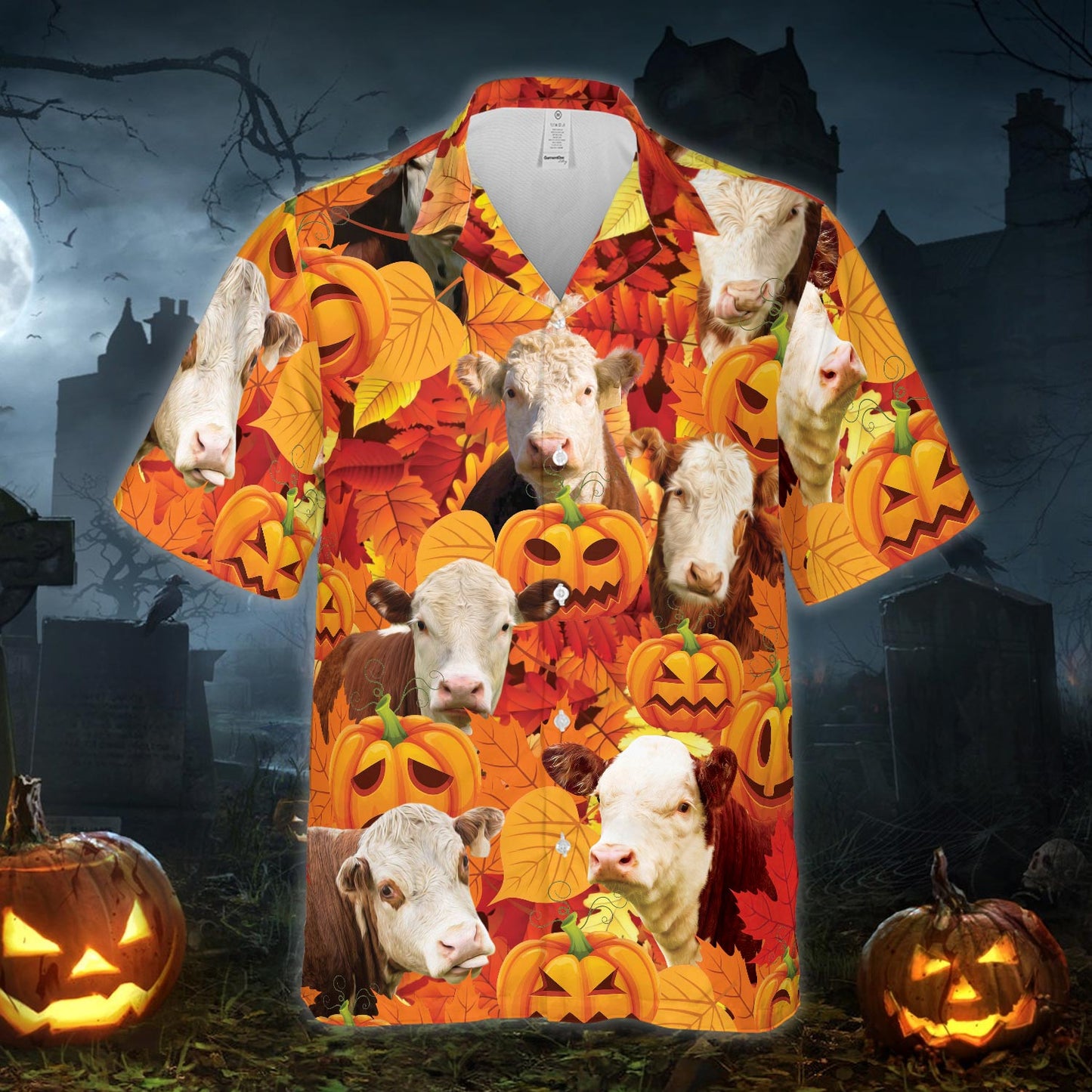 Autumn Leaf Hereford Cattle Pumpkin Hawaiian Shirt Halloween Hawaii Aloha Beach Shirt HO5345