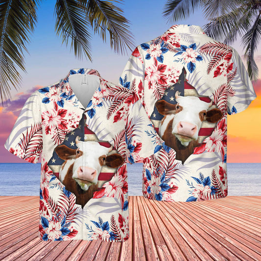 Hereford Face Hibiscus Flower All Over Printed 3D Hawaiian Shirt HO5400