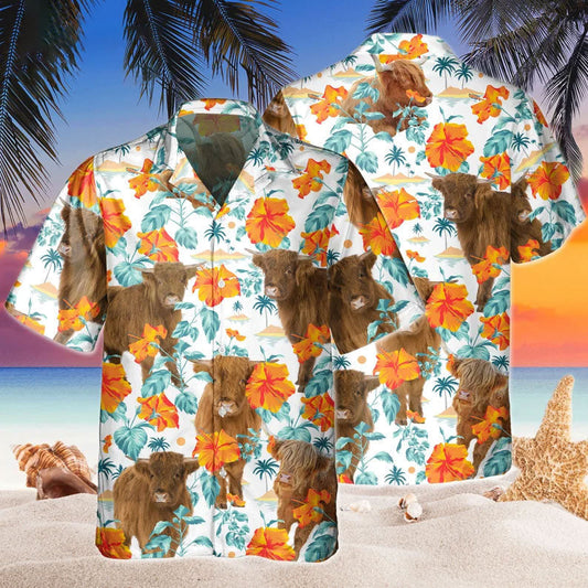 Custom Name Highland Cow Hibiscus Flowers All 3D Printed Hawaiian Shirt HO5390