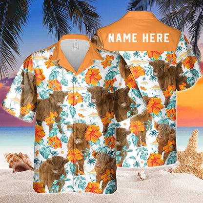 Custom Name Highland Cow Hibiscus Flowers All 3D Printed Hawaiian Shirt HO5390