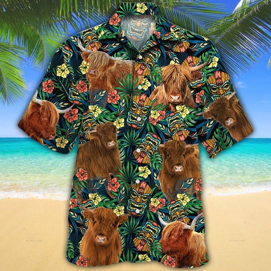 Highland Cattle Lovers Tribal Tiki Mask Hawaiian Shirt HO0554