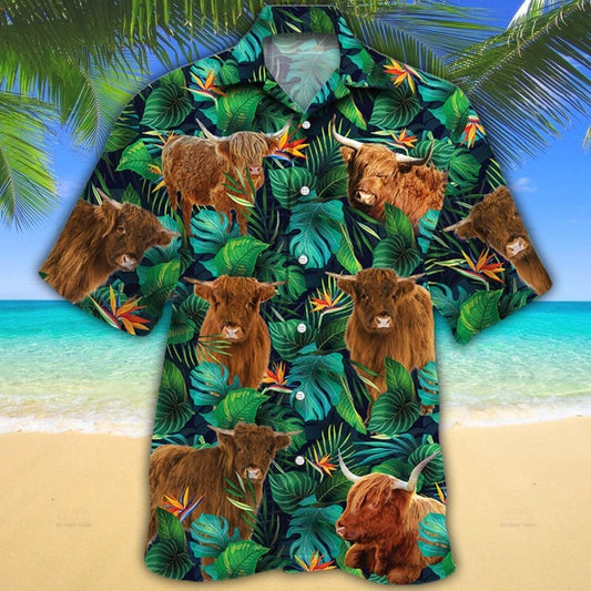 Highland Cattle Lovers Tropical Leaves Hawaiian Shirt HO0555