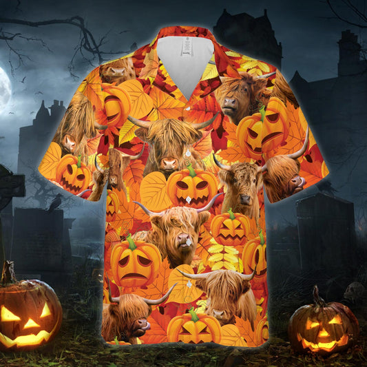 Autumn Leaf Highland Cattle Pumpkin Hawaiian Shirt Short Sleeve HO5346